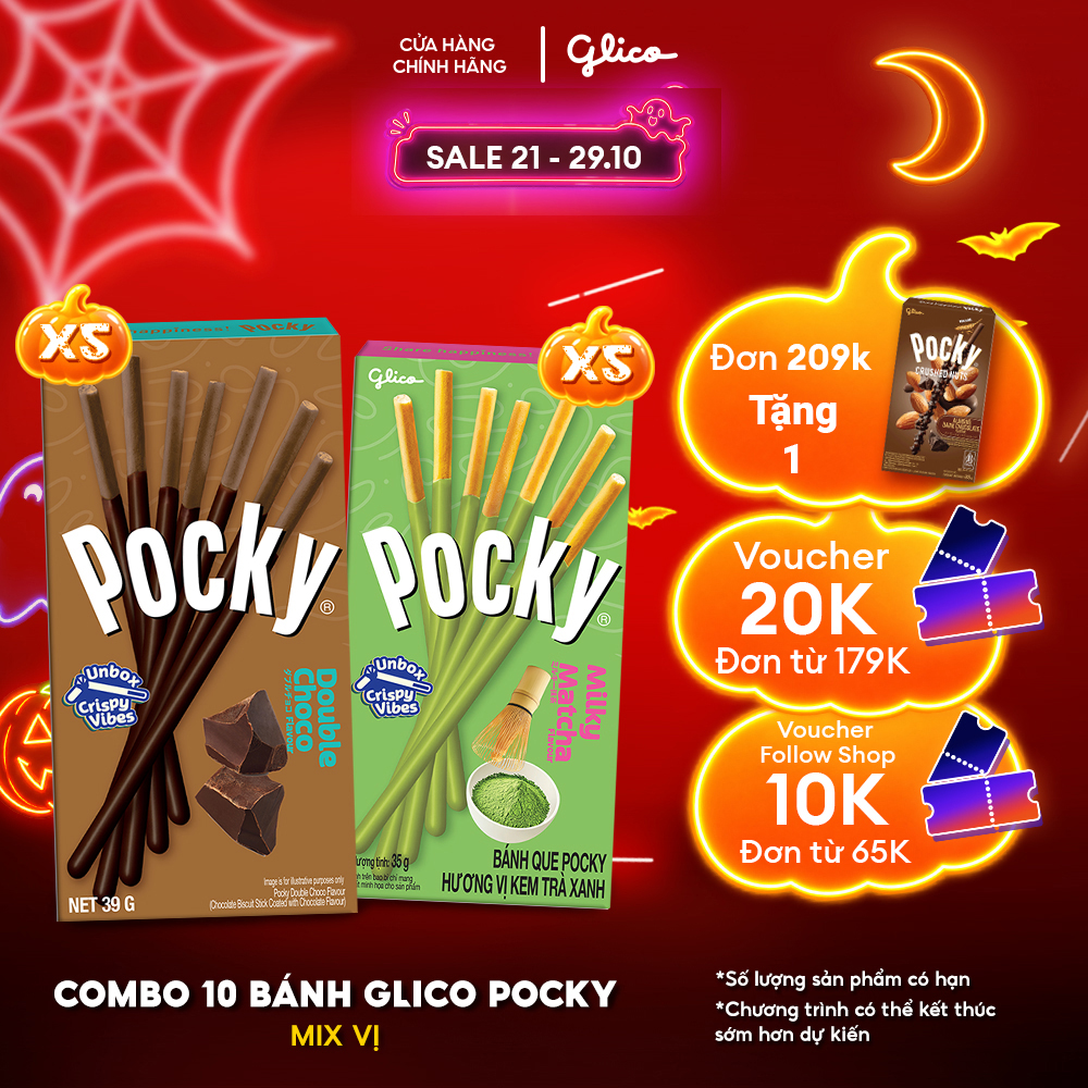 Combo 10 Hộp Bánh Que Phủ Kem Mix 2 Vị Nhân Đôi Socola  Matcha Glico Pocky Happy Set J (5 Double Choco 5 Matcha)