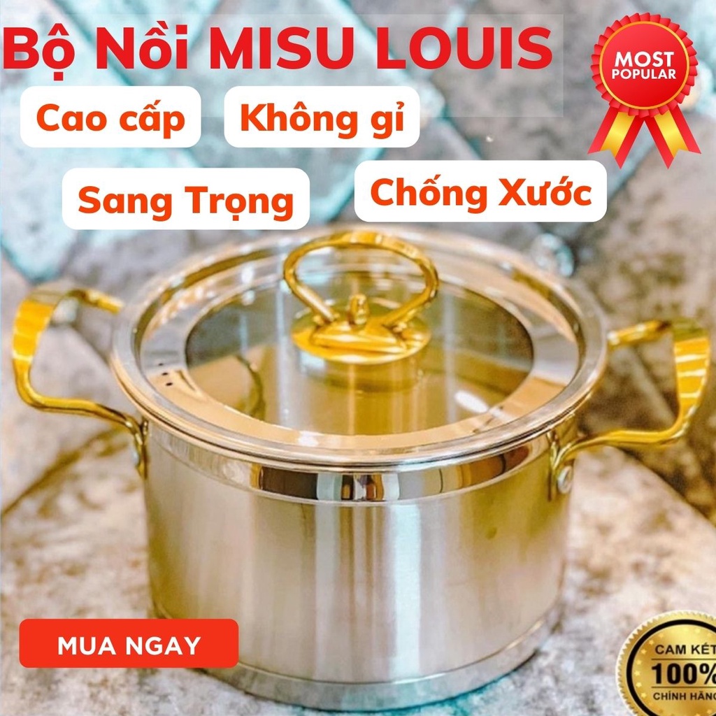 Bộ Nồi 3 Món Inox 304 cao cấp MISU LOUIS18-20-22cm,bộ nồi 3 món, bộ nồi 3 món MISU LOUIS, Chính Hãng, Đáy Liền Nguyên Khối 5 Đáy,lắp kính chịu được lực va đập mạnh Sử Dụng Mọi Loại Bếp rễ dàng vệ sinh hàng cao cấp BH 12 THÁNG
