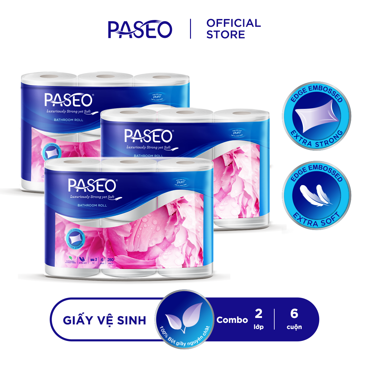 Combo 3 lốc giấy vệ sinh cao cấp Paseo siêu mềm mịn (6 cuộn 3 lớp)/lốc