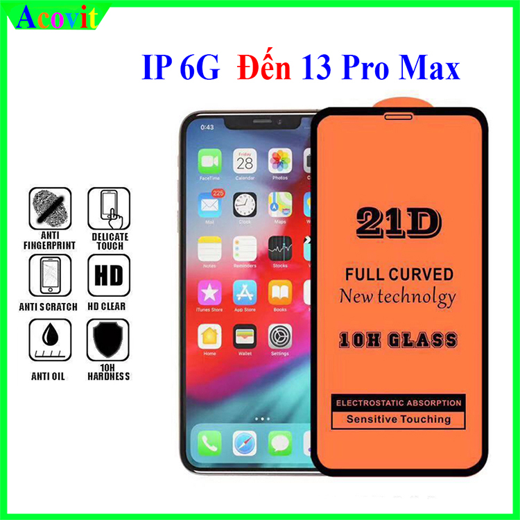 "Kính cường lực 21D Full Màn Hình IPhone 6/7/8/s/Plus/X/Xr/Xs/Xsmax/11/12/13/14 Mini/Pro/Plus/ProMax Độ cứng 9H_ Tặng bộ giấy lau kính 1/2
