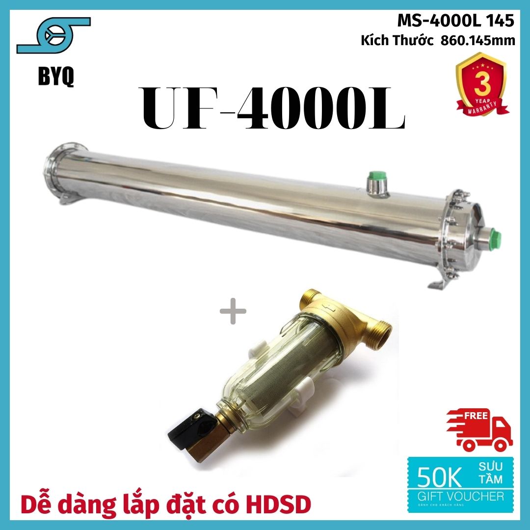 Máy lọc nước BYQ-4000L Lọc đầu nguồn dùng cho hệ thống lọc tổng gia đình không dùng điện , chức năng xả cặn định kì không thay lõi lọc , Lọc nước , lọc cặn bẩn trong nước kích thước lọc siêu cặn 0.01micron
