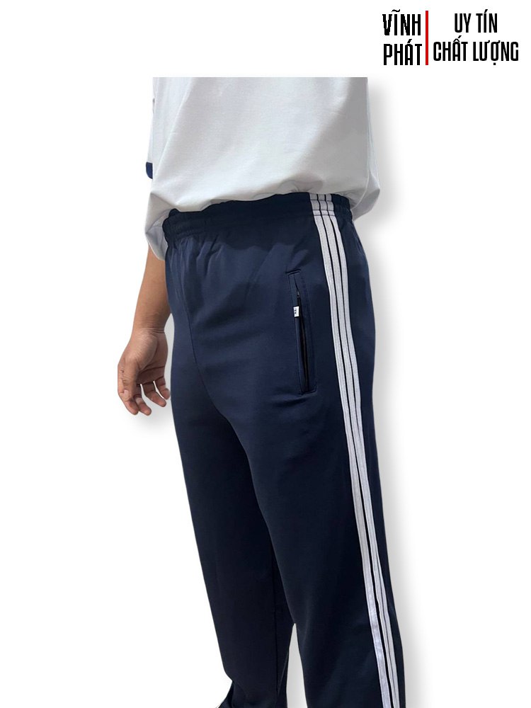 Quần thể dục, thể thao học sinh 3 sọc màu xanh đen vải bóng cào đầy đủ size các cấp 2 túi dây kéo hàng sẵn