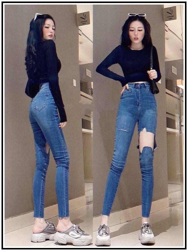 Quần jean nữ lưng cao RÁCH 2 BÊN TO NHỎ XÉ tua lai siêu tôn giáng chất jean giãn O6