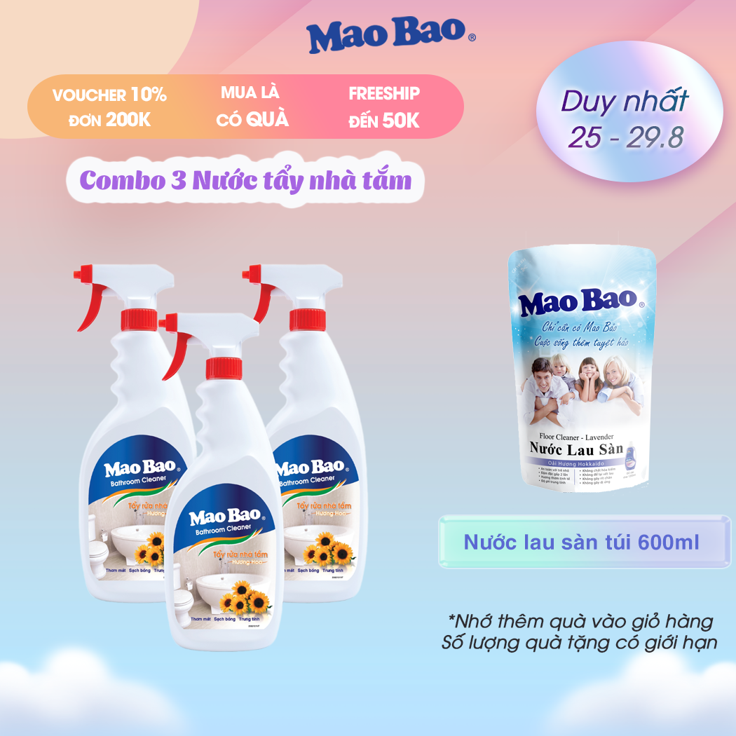 Combo 3 chai Nước tẩy rửa nhà tắm Mao Bao chai 600ml tẩy sạch vết bẩn, cặn canxi, ố vàng trên bồn sứ, kính, inox