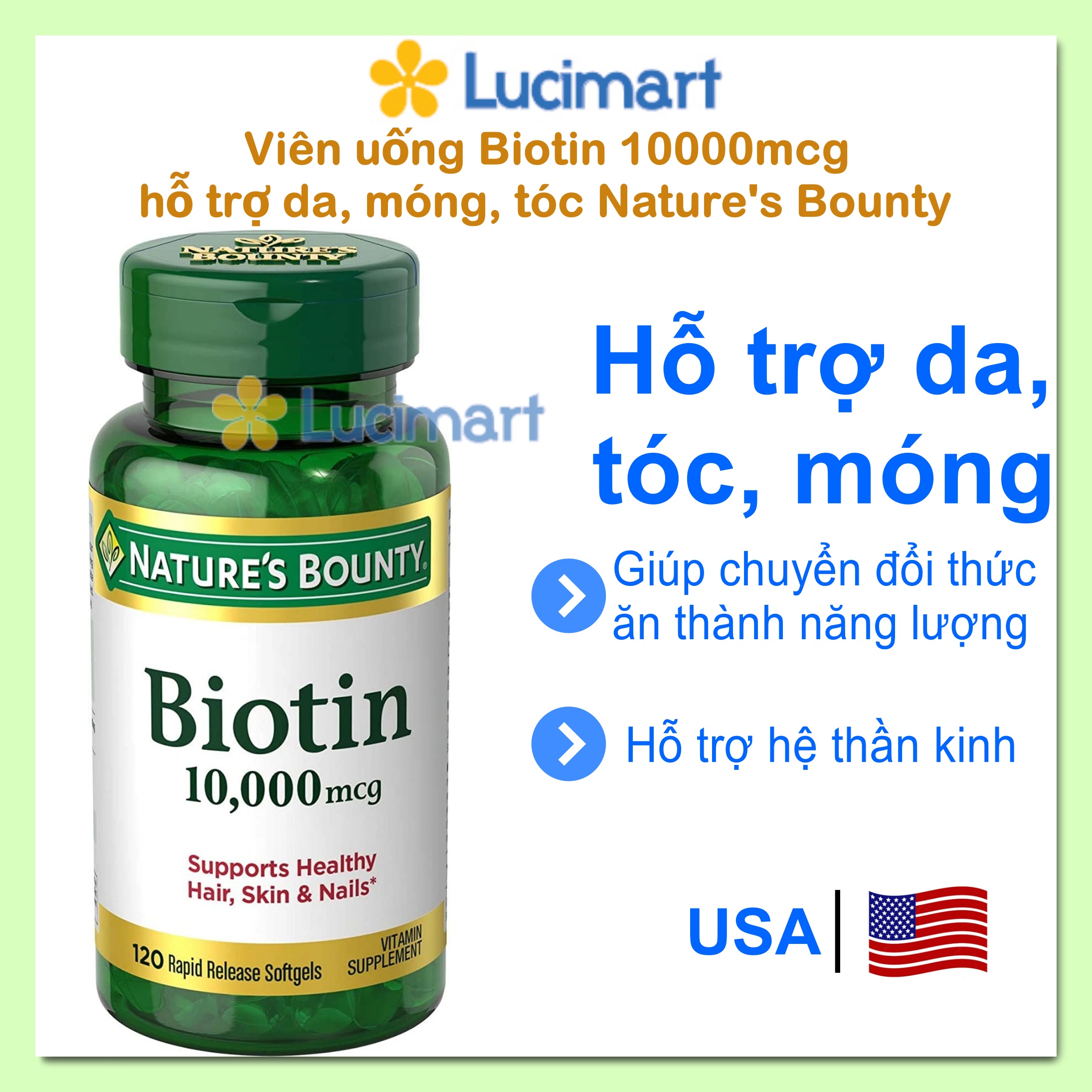 Viên uống Biotin 10,000mcg hỗ trợ da, móng, tóc Nature s Bounty hũ 120
