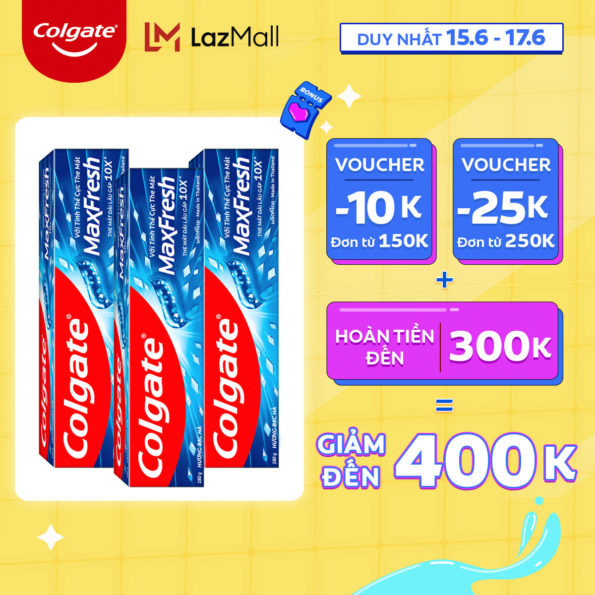 Duy nhất 1517.6Ưu đãi đến 50 Voucher 25k Bộ 3 Kem đánh răng Colgate MaxFresh bạc hà the mát 180g/tuýp