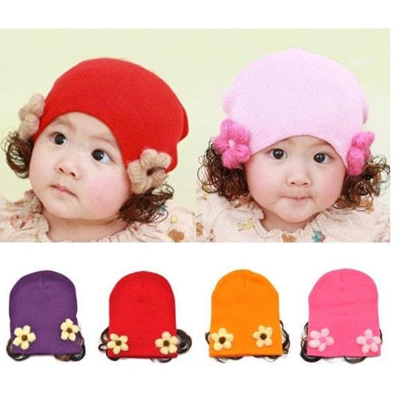 NÓN LEN TRÙM ĐẦU VỚI 2 BÚI TÓC GIẢ XINH/MŨ TRÙM KÍN TAI GIỮ ẤM CHO BÉ
