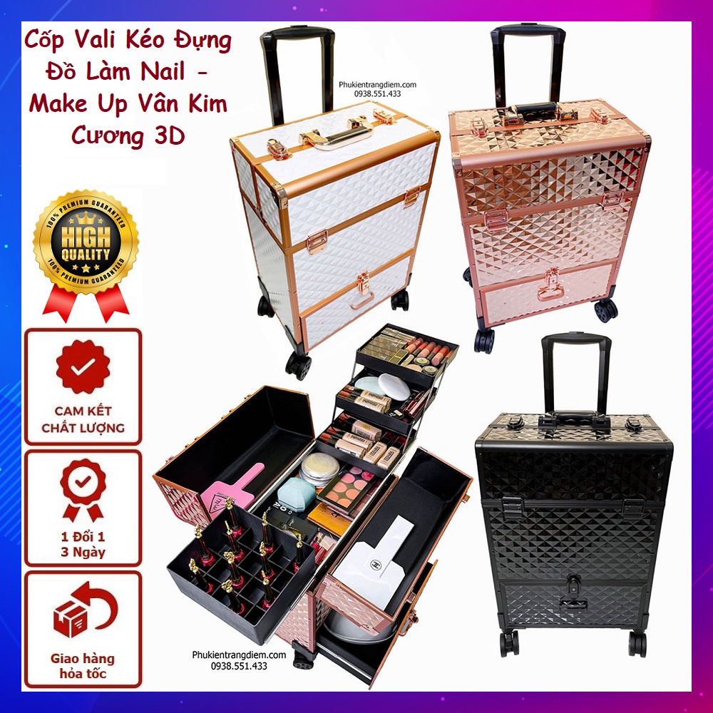 Cốp vali kéo đựng đồ làm nail - make up vân kim cương 3d