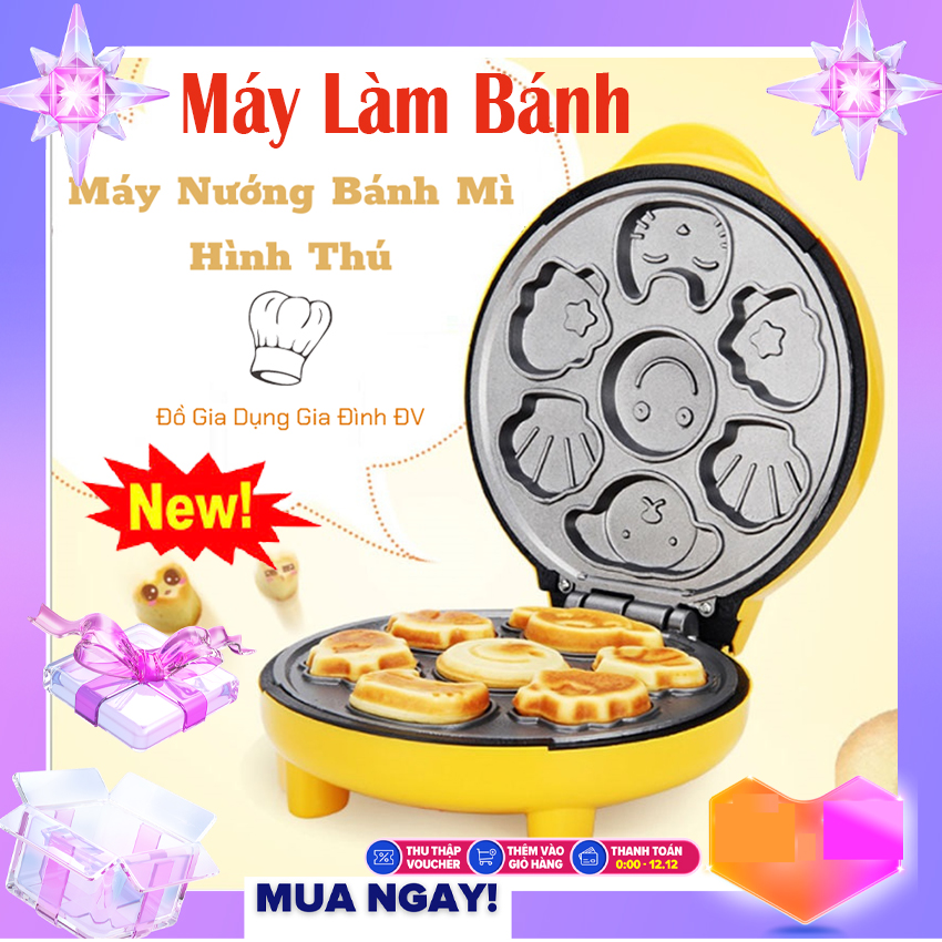 Máy nướng bánh dash màu vàng, sử dụng điện năng, khay chống dính giúp làm bánh thơm ngon, máy làm bánh hình thú