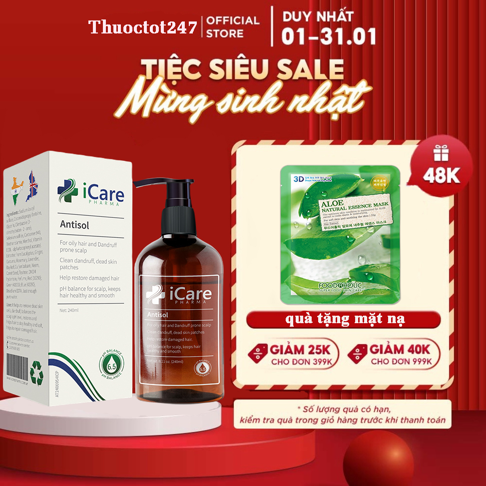  Dầu Gội Antisol Icare Phrmaa Liệu Ph 6.5 Làm Sạch Gàu Giảm Ngứa Và Bết Tóc 240ml 