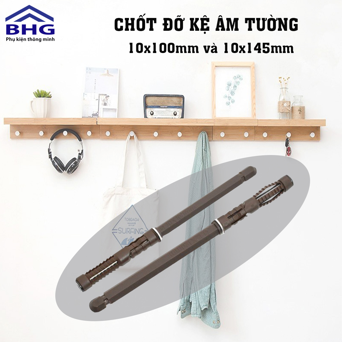 Chốt âm tường bằng Thép bọc nhựa làm kệ phi 10 dài 10cm và 14,5cm, Chốt âm chốt nở đỡ kệ trang trí kệ nhà bếp gắn tường