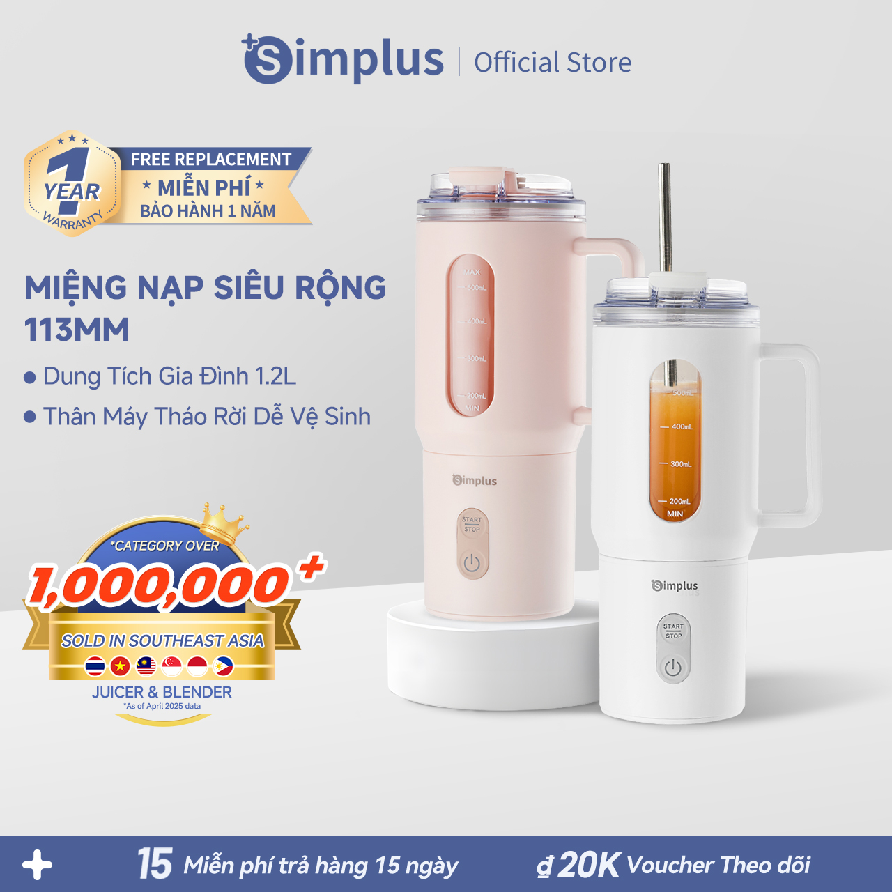  Simplus Máy Xay Sinh Tố Cầm Tay – Cốc Xay Không Dây 500ml Thời Trang Đa Năng Lưỡi Xay Không Gỉ Chống Nước IPX6 – Dùng Cho Trái Cây Rau Củ Tiện Lợi Mang Theo & Dùng Trên Ô Tô ZZJH011 
