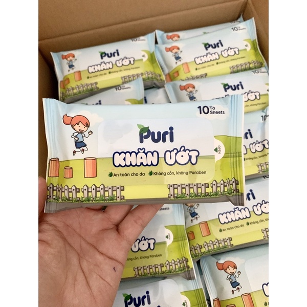 1 Gói Gồm 10 Khăn ướt em bé Puri không mùi an toàn cho làn da, không cồn, không Paraben tiện lợi