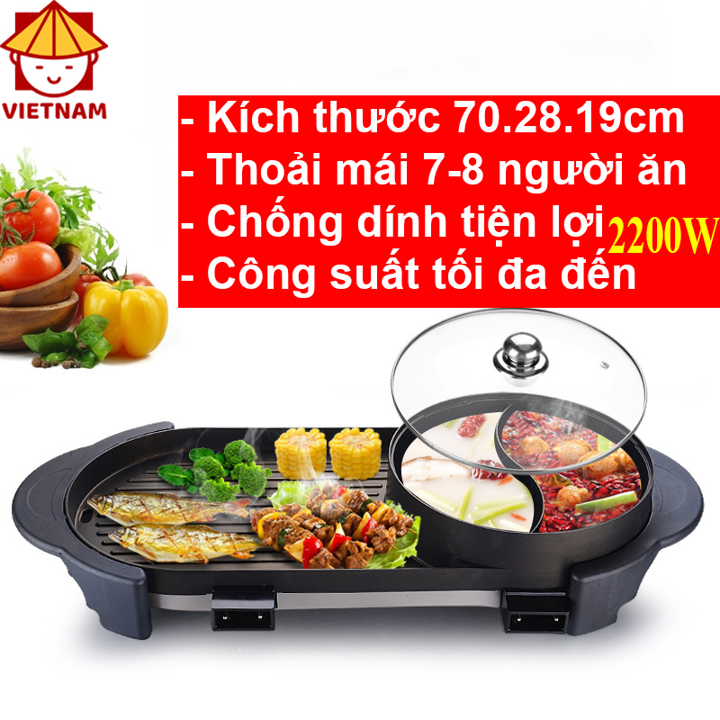 Bếp lẩu nướng đa năng chống chính chế độ mới siêu cấp, Thoải mái cho 7-8 người ăn, Công suất tối đa, Thiết kế tiện lợi