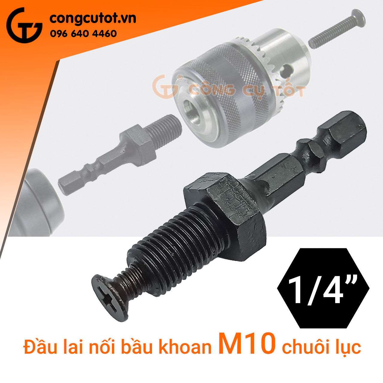Đầu nối bầu khoan chuôi lục - Đầu chuyển bắt vít thành khoan - Chuôi Chuyển Lục Giác Sang Măng Ranh 10mm, 13mm