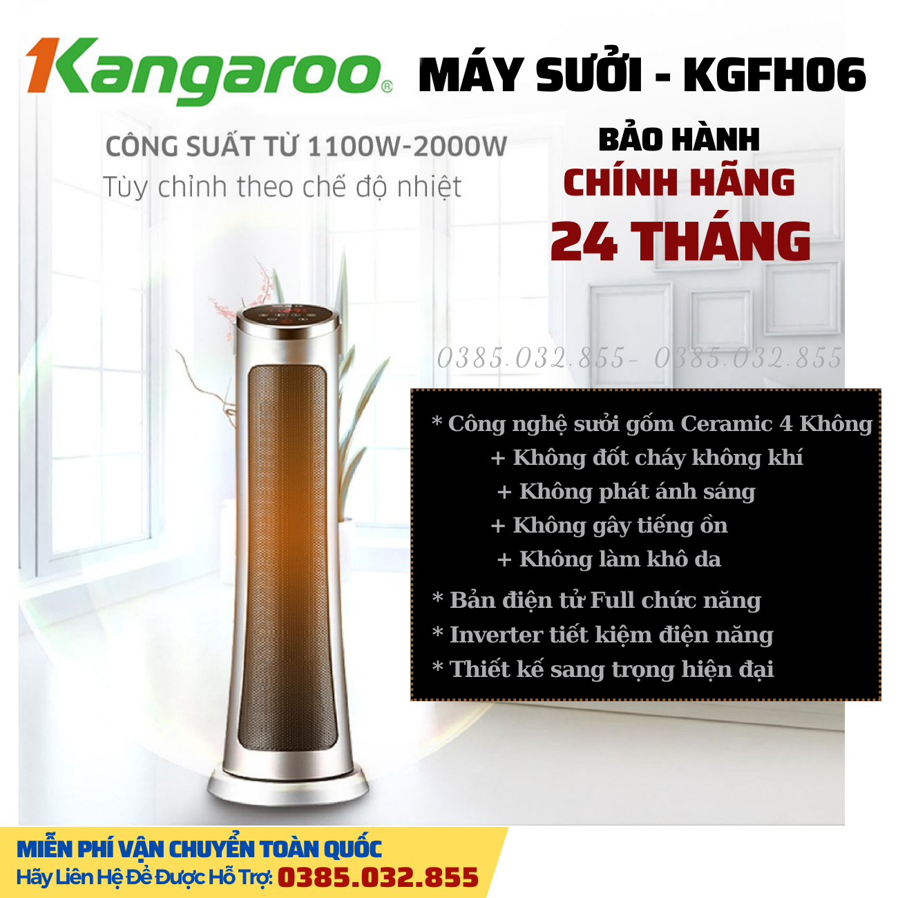 Quạt sưởi gốm thông minh Kangaroo KGFH06 2000W, làm ấm nhanh, không đốt cháy oxi, không làm khô da - Bảo Hành 24 Tháng