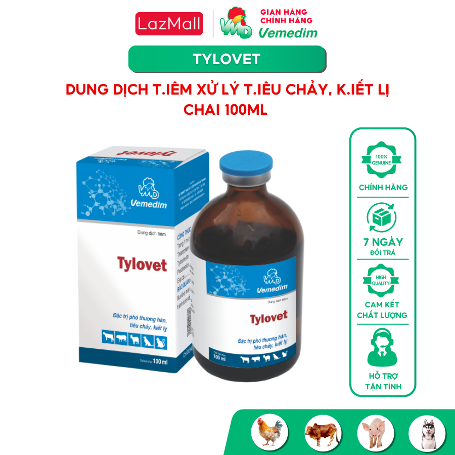 Vemedim Tylovet dung dịch t-iêm - dùng cho heo, trâu bò, dê cừu, chó mèo và gà vịt để tr.ị tiêu chảy, chai 100ml