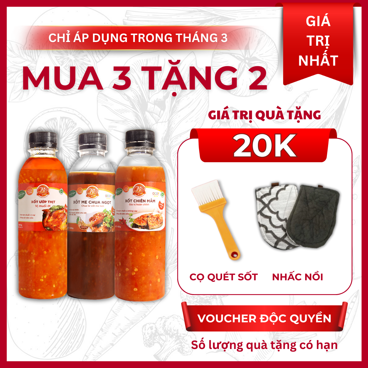 [HỎA TỐC] Combo 3 vị Sốt Mắm Ớt, Muối, Me nướng & chấm dùng cho hải sản, tôm, heo, gà ướp 2-3kg