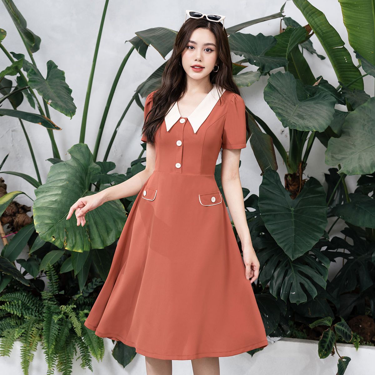 Đầm cổ phối lamer nắp túi l63r23q007