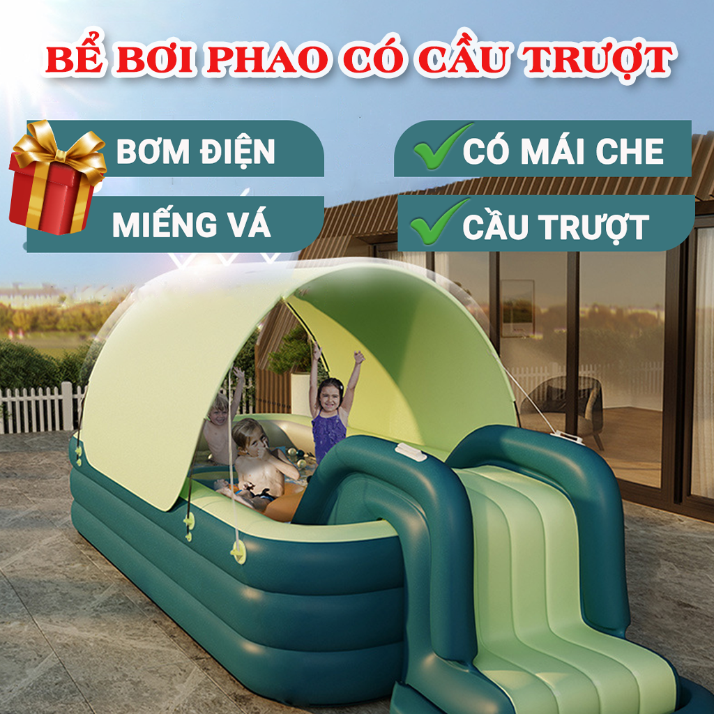 [Hàng Loại 1] Hồ Bơi Phao Cầu Trượt Có Mái Che Dày Dặn, Bền Bỉ, Đáy Chống Trượt An Toàn Cho Bé, Tặng Bơm Điện