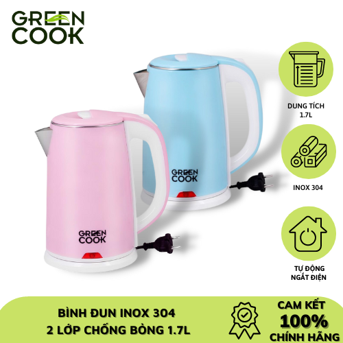 Bình (ấm) đun inox 304 cao cấp 2 lớp chống bỏng 1,7L Green Cook - GCEK-17S15D - Hàng chính hãng