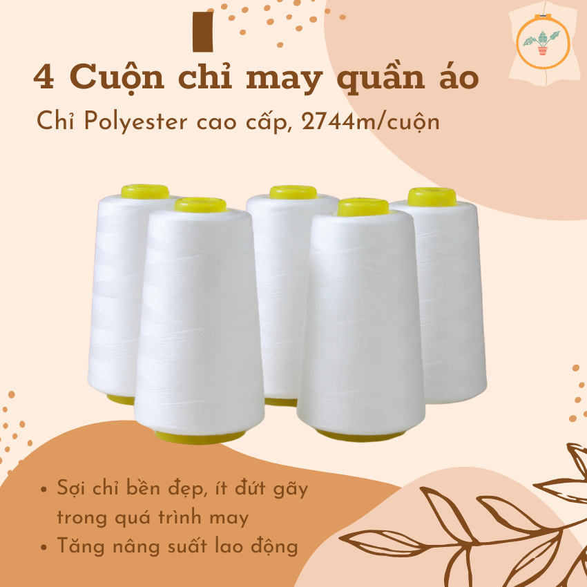 4 cuộn chỉ may màu trắng, phù hợp với áo sơ mi, hàng dệt may, dệt kim, loại chỉ Polyester cao cấp, 40S/2, chiều dài 3000 yards/cuộn