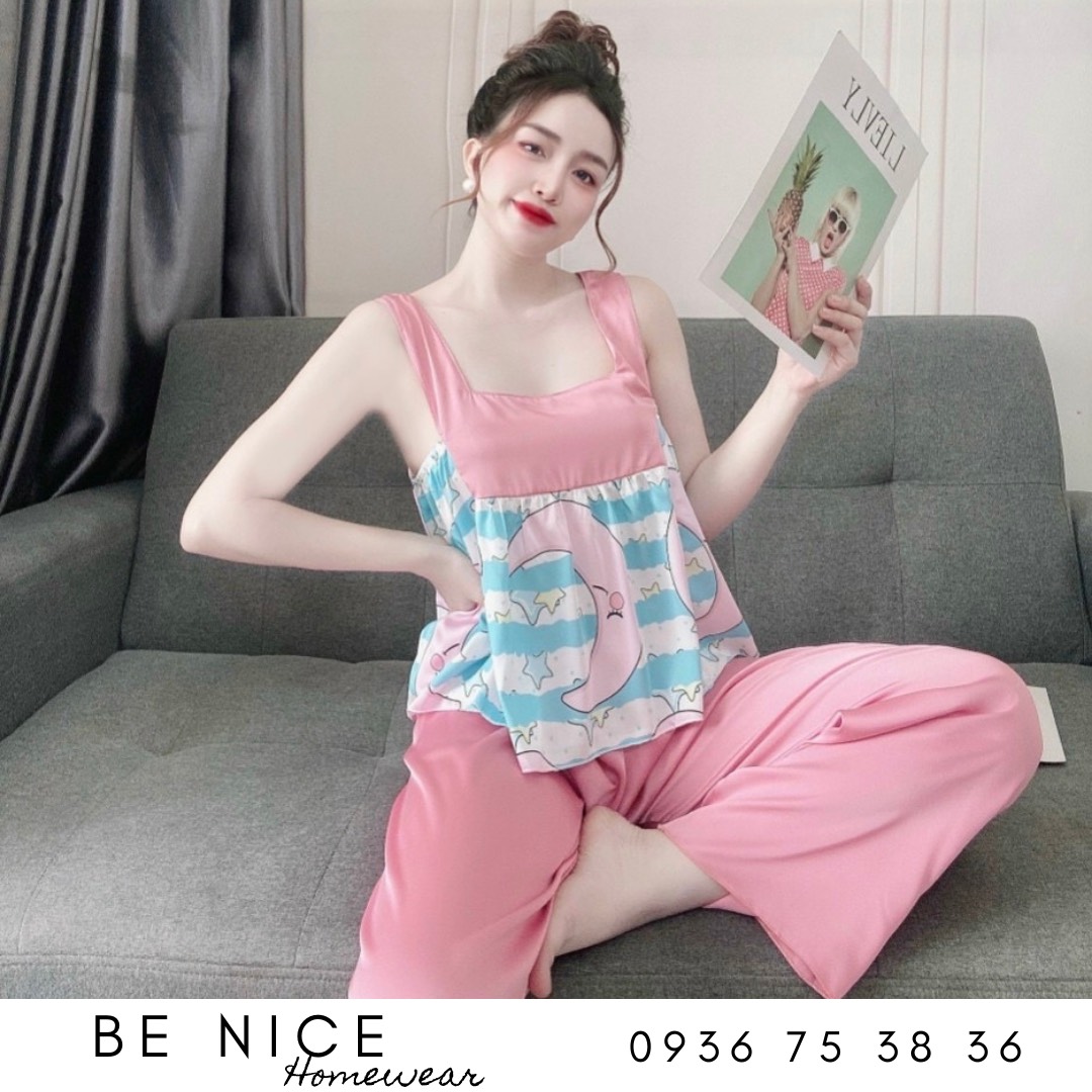Set lụa dài mặc nhà cổ vuông bản to