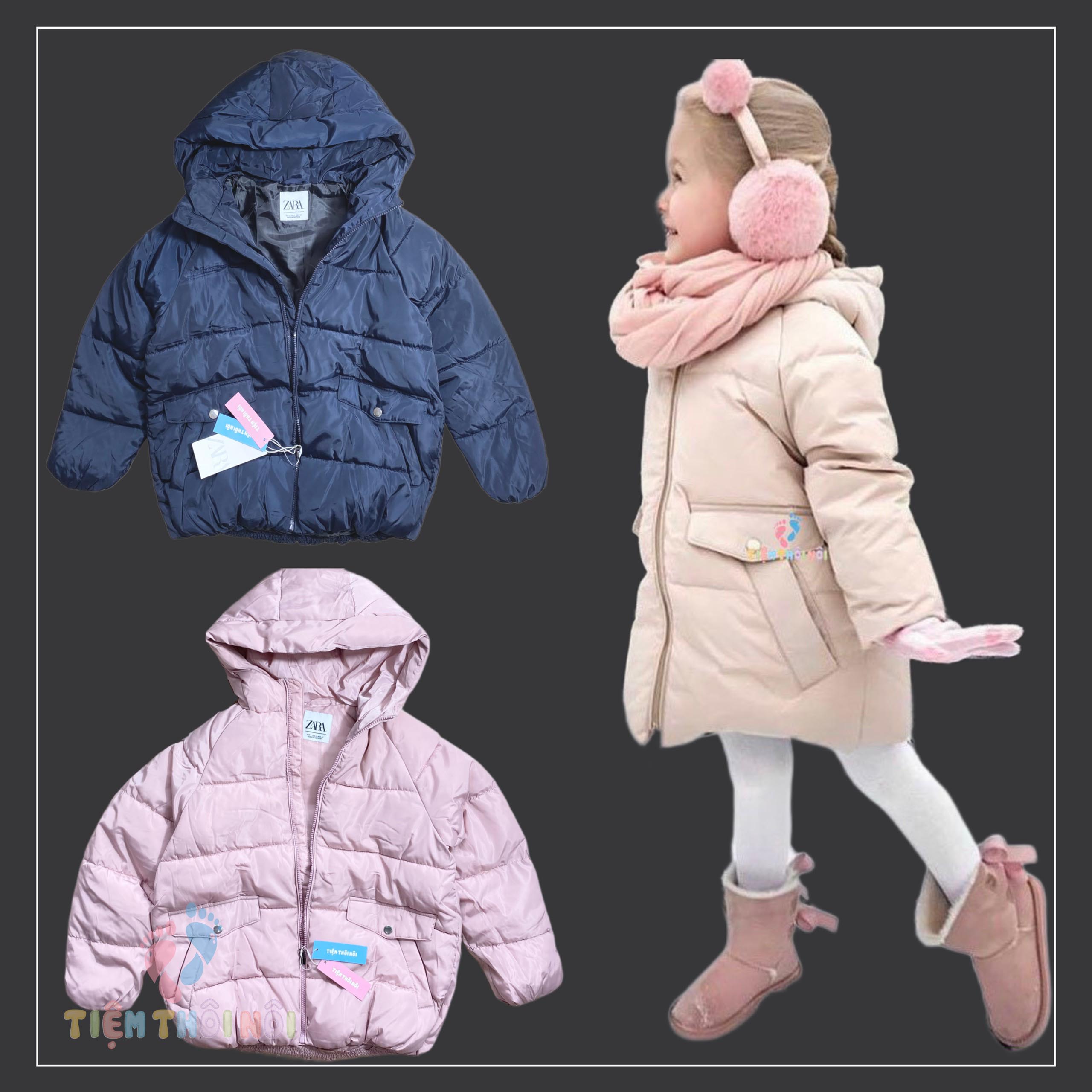 Áo khoác phao zara vnxk cho bé gái, phao mềm, basic 20-55kg