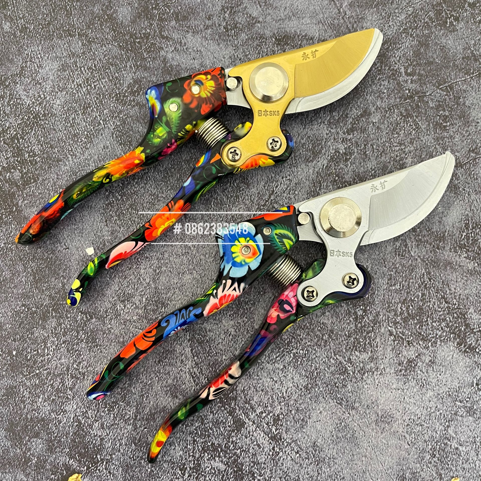 Kéo cắt cành cộng lực lưỡi thép siêu bén SK5 Nhật Bản made in japan cán hoa văn, kéo cắt cành tỉa cành cây cảnh bonsai - KC0021