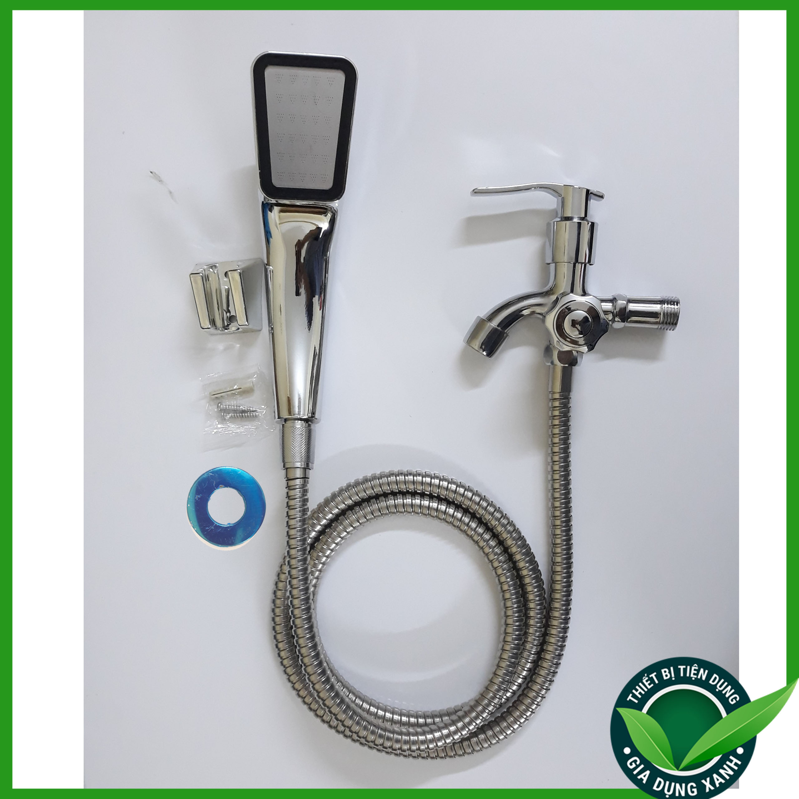 Bộ củ sen 1 đường nước lạnh kèm tay sen tăng áp vuông nhựa ABS mạ Crom mặt inox 304 chống rỉ sét thế hệ mới - Đủ bộ củ sen + tay + dây + cài