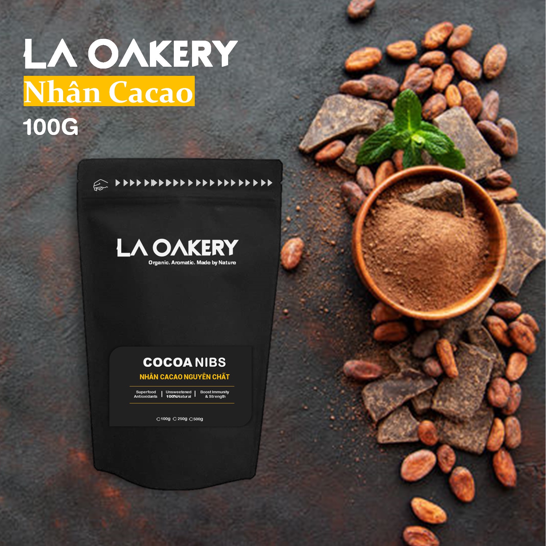 [Siêu nguyên chất] Nhân cacao nguyên chất (ngòi cacao) La Oakery chứa đa dạng chất dinh dưỡng nguồn gốc thực vật (lưu huỳnh,magiê, phenylethylamine), tăng khả năng tập trung, tỉnh táo,chất chống ôxy hóa, khoáng chất quý,tốt sức khoẻ 100gr