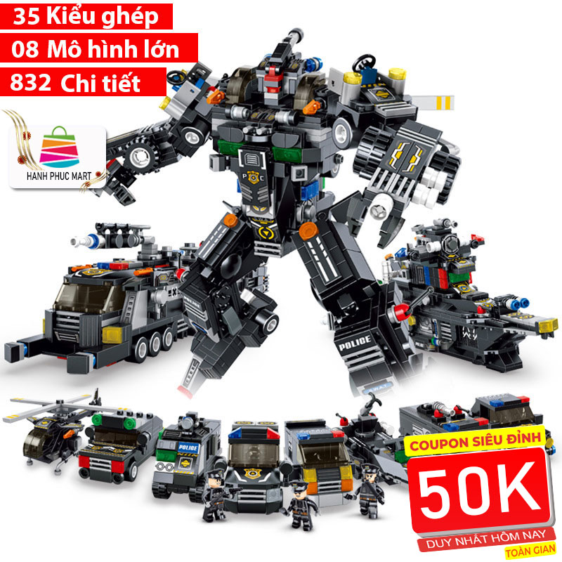 Đồ chơi lắp ráp cho bé trai Robot Police và Tàu Ngầm 8 mô hình lớn ráp dược 35 kiểu khác nhau với 832 chi tiết nhựa ABS Quà tặng sinh nhật, quà tặng bé trai