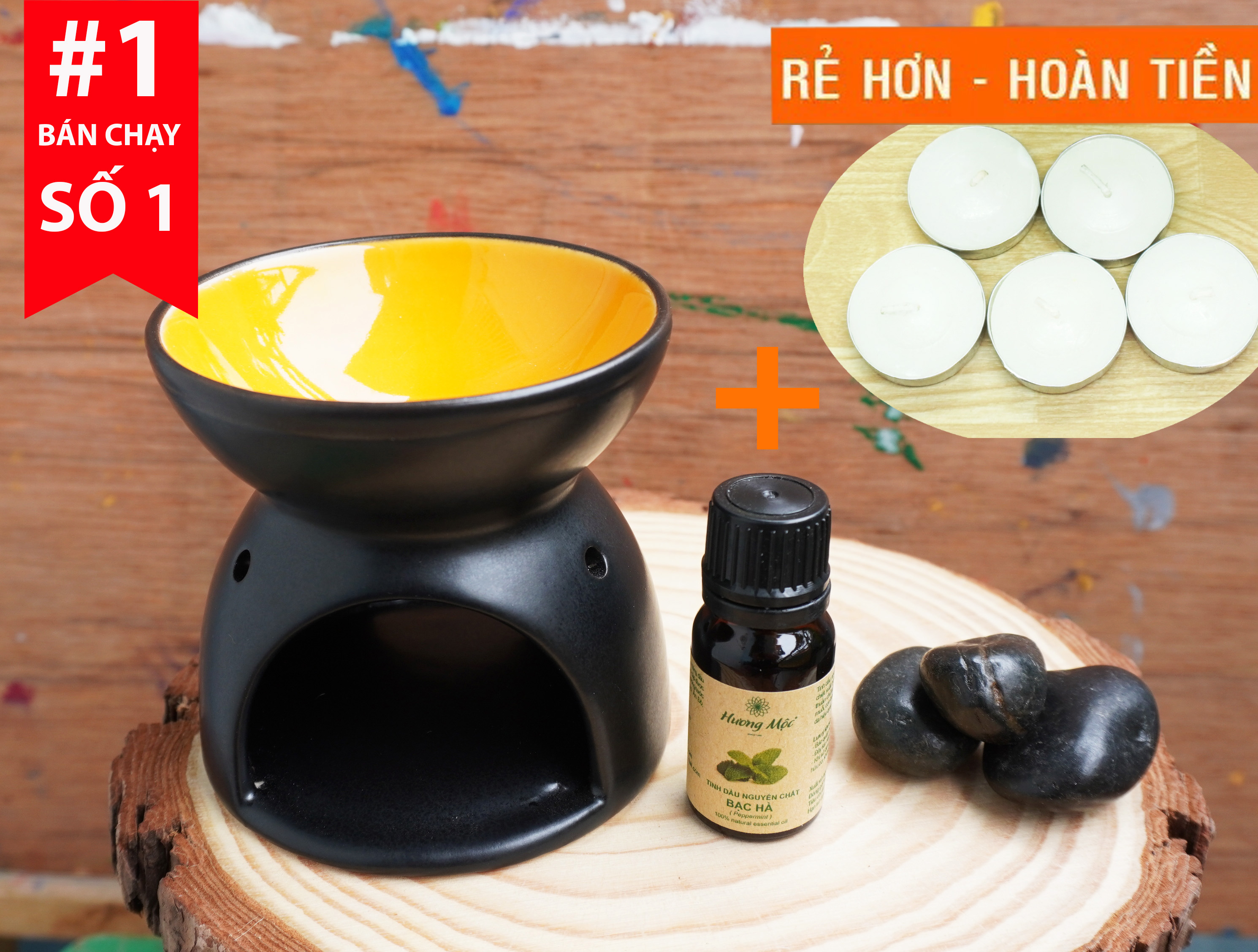 [COMBO TRỢ GIÁ] 1 đèn xông tinh dầu nến gốm Bát Tràng(loại 1) + 1 tinh dầu Hương Mộc 10ml(101 mùi tự chọn) + 5 nến tealight