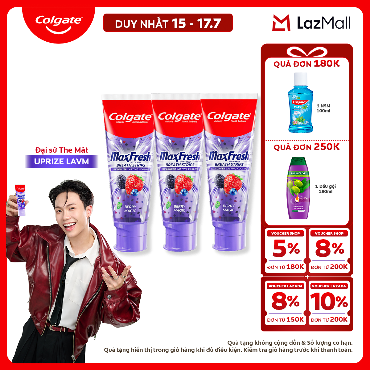 [Chỉ 15-17.7_X2 Voucher giảm đến 18%] [MỚI] Bộ 3 Kem đánh răng Colgate MaxFresh hương nhiệt đới, tinh thể cầu vồng the mát 100g/tuýp