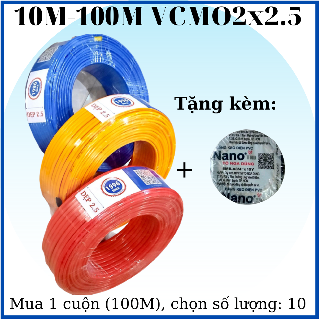 10m-100m dây điện đôi vcmo2x2.5 vĩnh thịnh, lõi đồng 100% + tặng kèm băng keo điện cao cấp