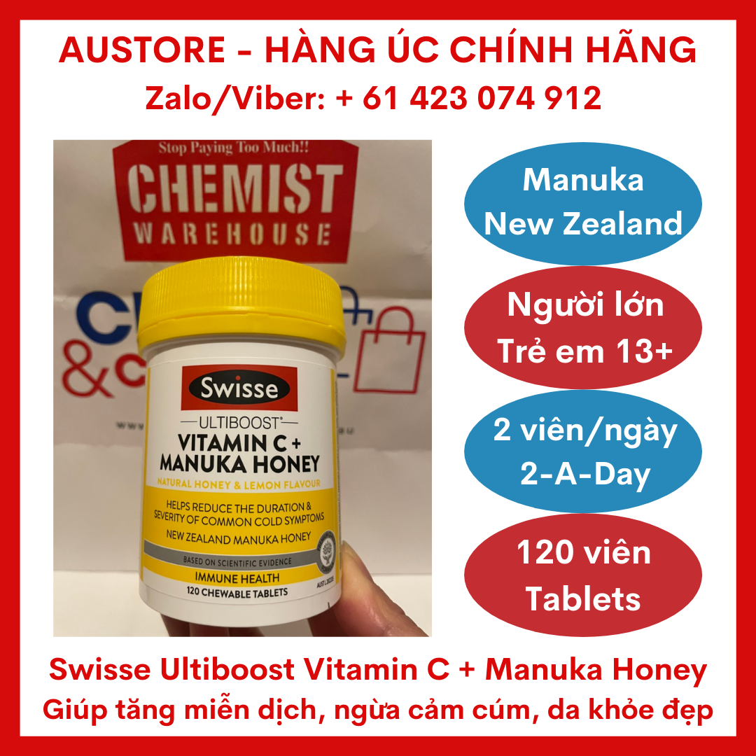 [Bill Úc] Swisse Ultiboost Vitamin C + Manuka Honey 120 Tablets - Viên nhai, ngậm Swisse Vitamin C + mật ong Manuka giúp tăng cường sức khỏe miễn dịch, ngăn ngừa cảm cúm