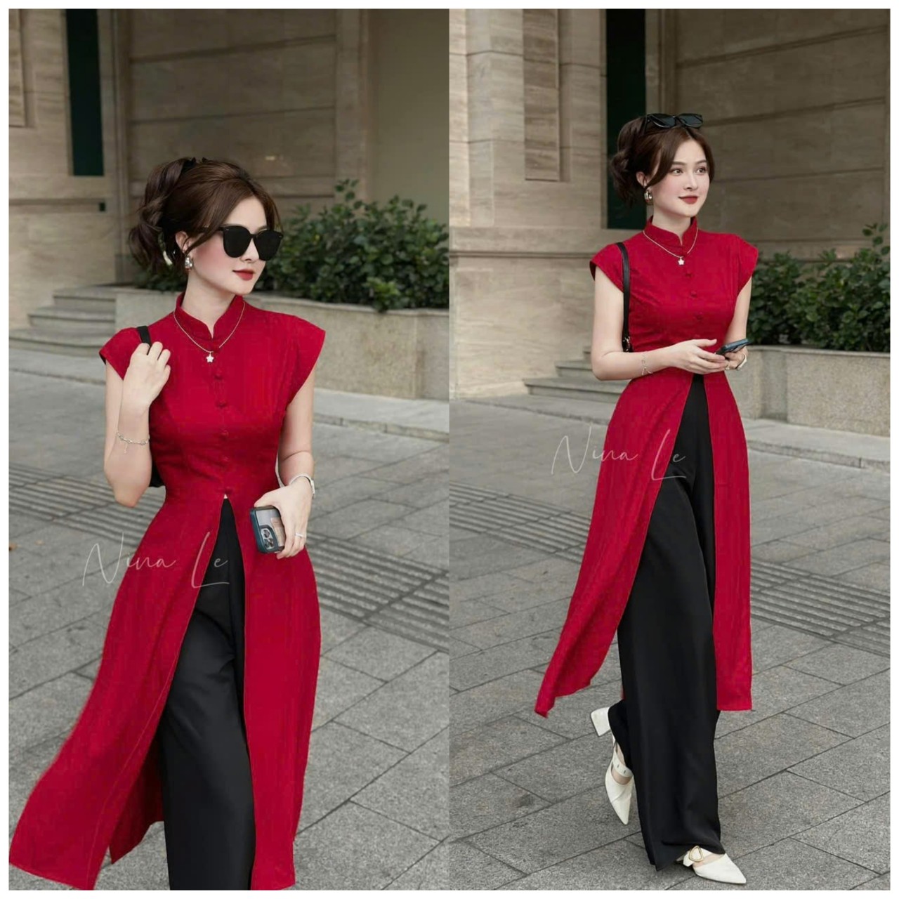 Sét áo dài bà ba nút bọc trẻ trung tôn dáng