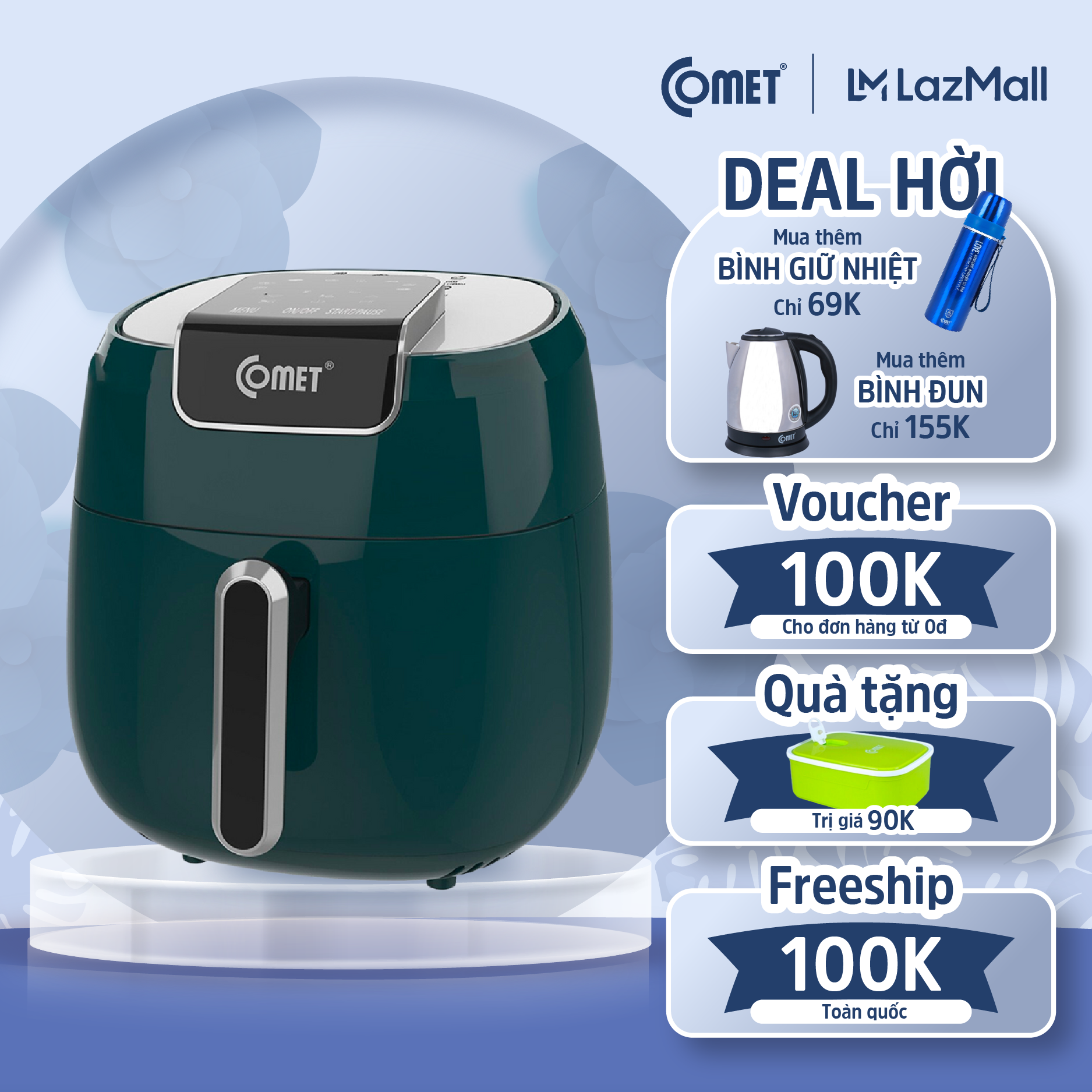 Nồi chiên không dầu cảm ứng đa năng COMET CM6858 - Dung tích 4.2L - Tỏa nhiệt đối lưu 360 độ, giảm 80% lượng mỡ, tiết kiệm điện và thời gian - Hàng chính hãng BH 12 tháng