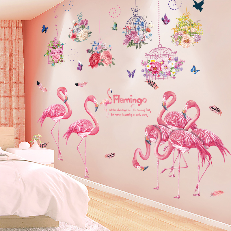 Decal dán tường lồng chim sắc màu và đôi hạc