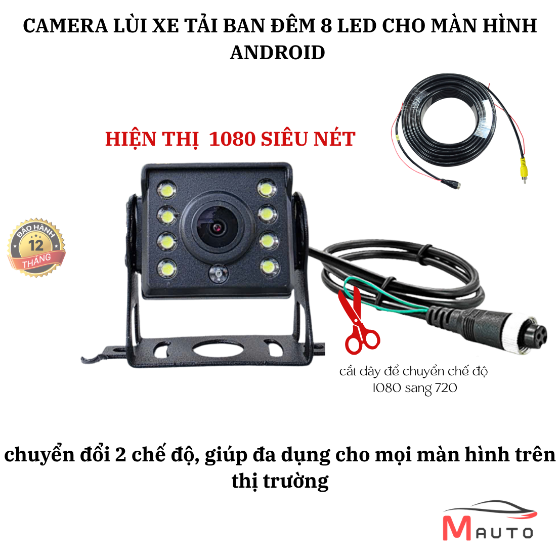 Camera Lùi Xe Tải AHD 1080P/720P 8 LED Siêu Sáng Cho Màn Hình Android - Nguồn 12V-24V Chống Nước Dây Cáp Hàng Không 10M, 15m