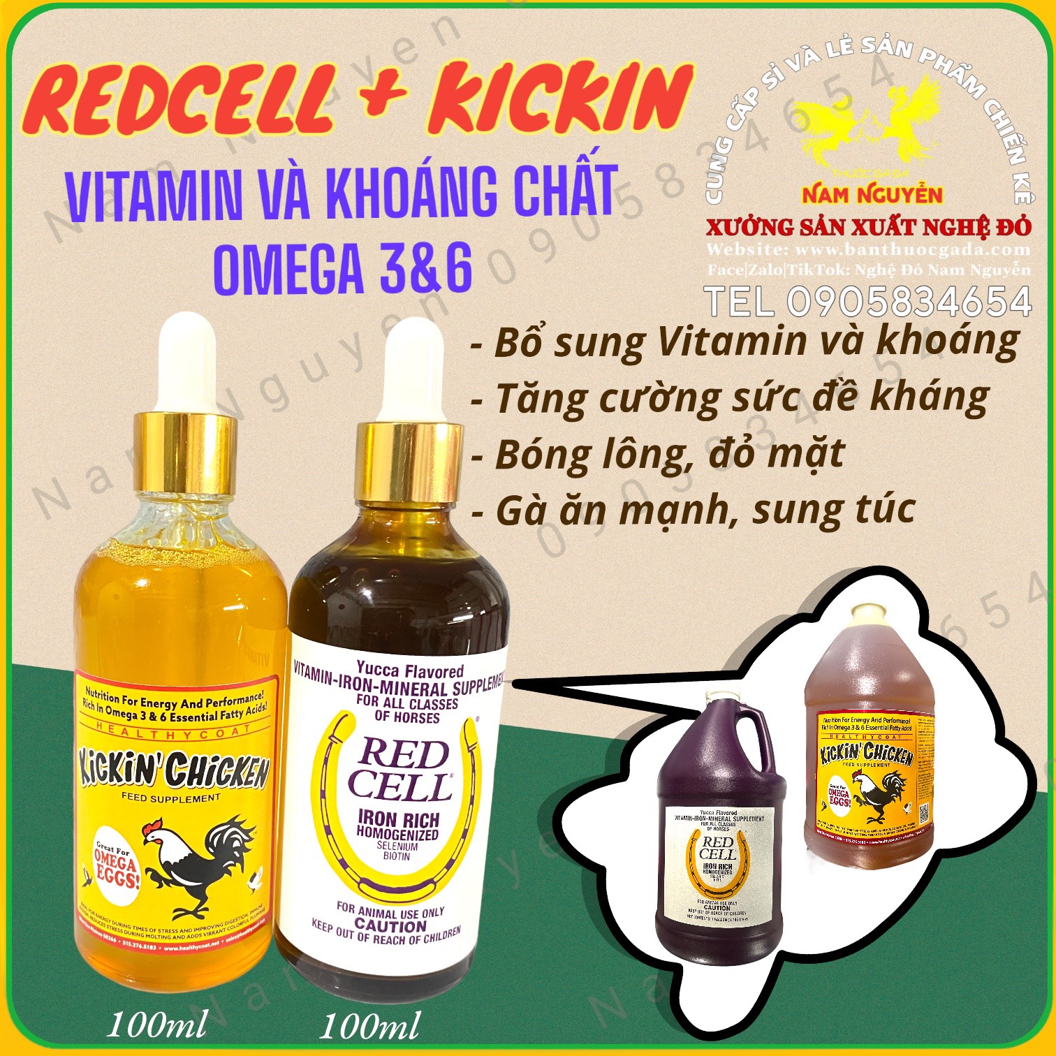 Combo 2 lọ 100ml REDCELL & KICKIN Vitamin, Khoáng và Omega 6+3 nuôi gà Tơ