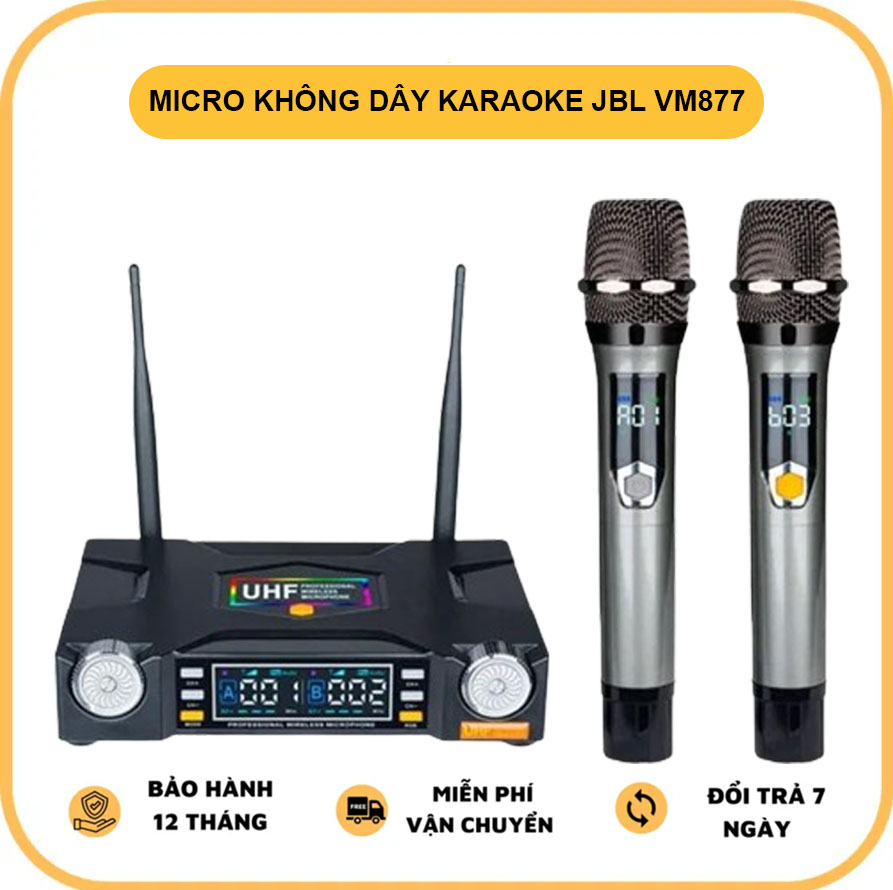 Micro Không Dây Karaoke JBL VM877 Chất Âm Chân Thực Sóng UHF Chống Nhiễu Micro Karaoke Chống Hú Rít Bắt Sóng Khỏe Chuyên Dùng Cho Loa Kéo Amply BẢO HÀNH 12 THÁNG