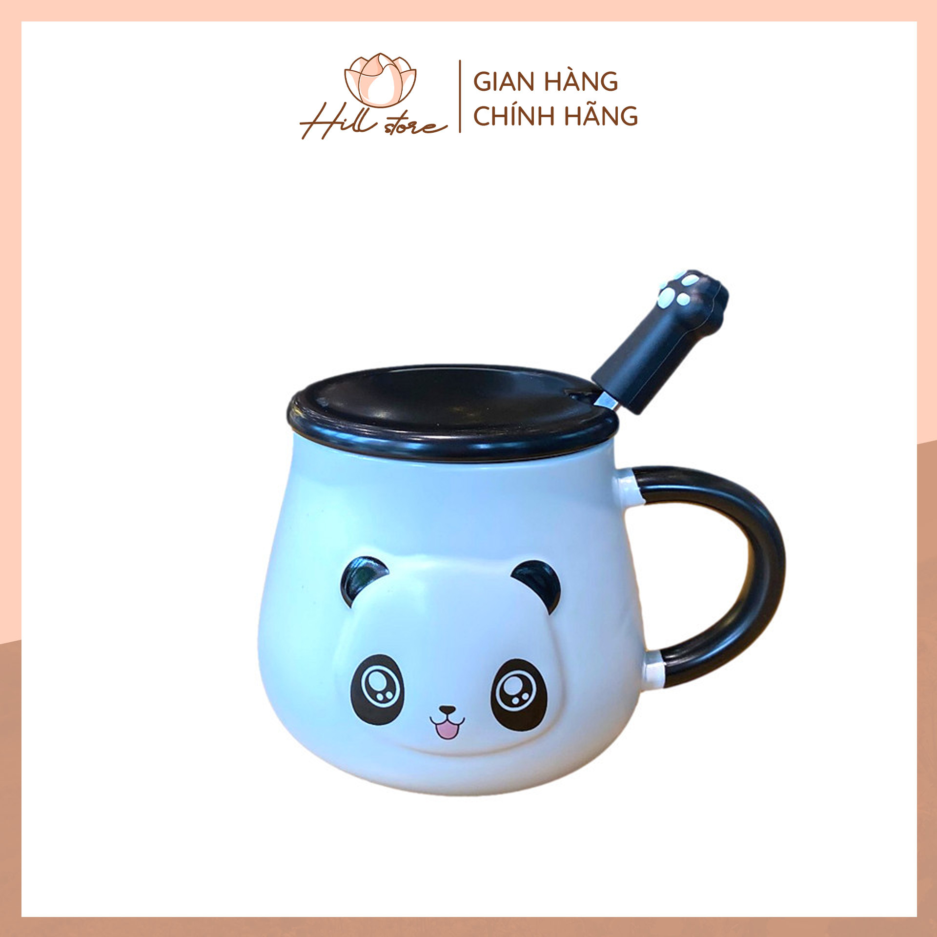 Ly Cốc sứ văn phòng giữ nhiệt nóng lạnh 400ml, ly sứ uống nước hình gấu trúc Panda có nắp đậy bằng sứ kèm muỗng + Hill Store