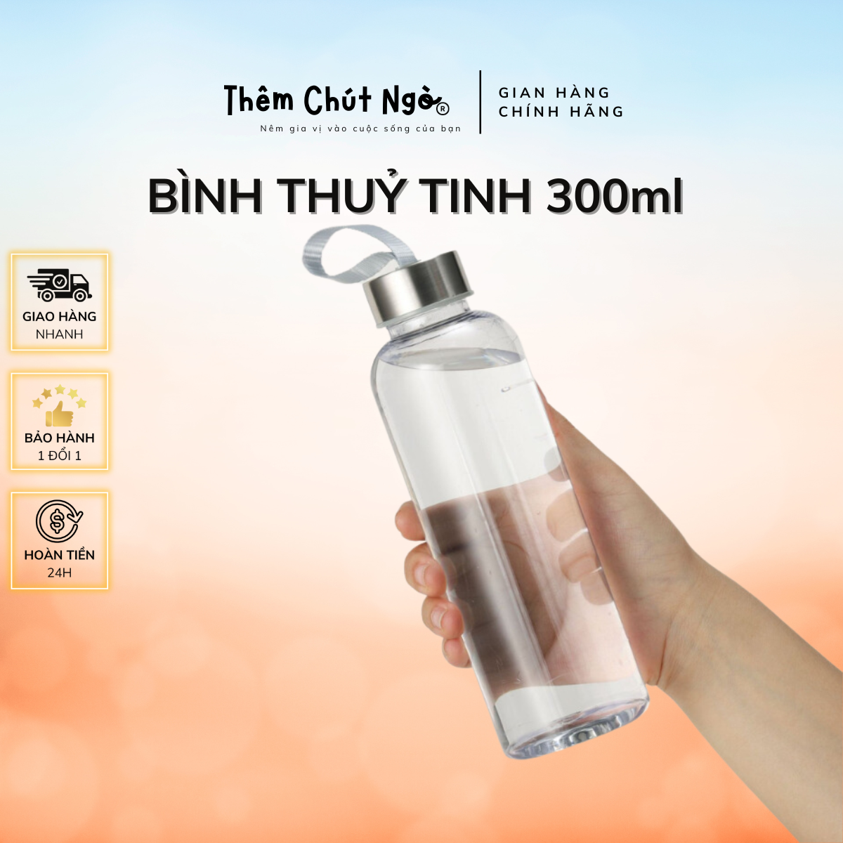 Chai thủy tinh nắp có dây xách 300ml