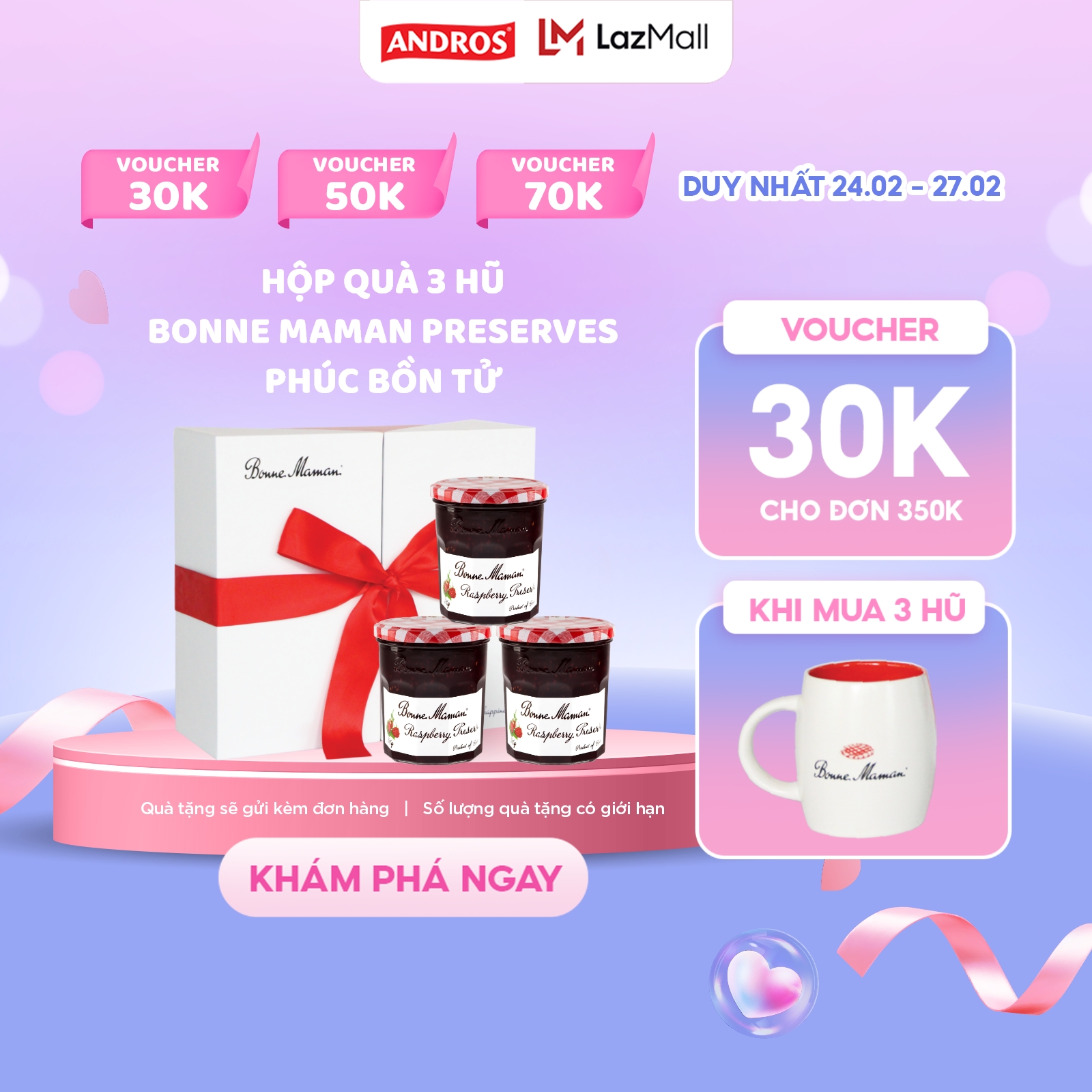 [Tặng Kèm Ly Sứ Bonne Maman] Set Quà Tặng Combo 3 Hủ Mứt Bonne Maman Preserve Vị Phúc Bồn Tử - 370g x 3