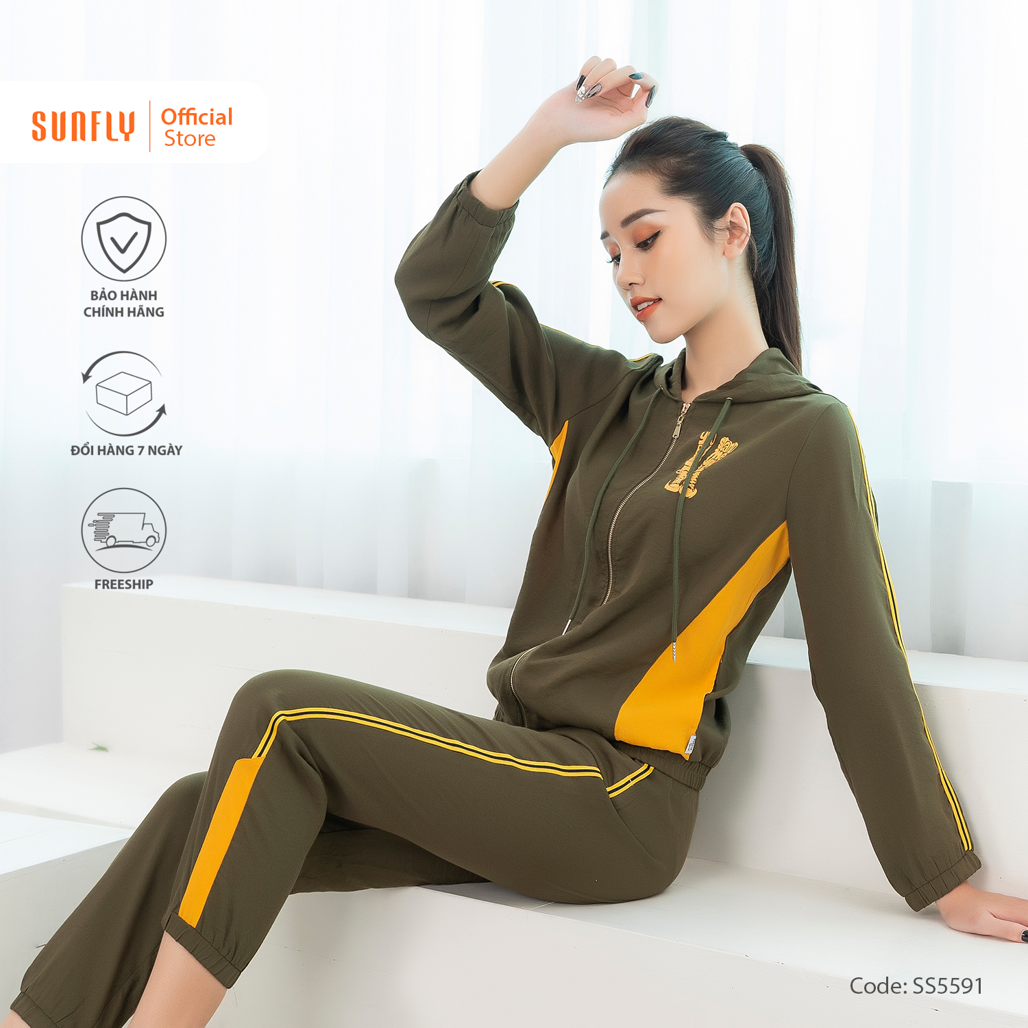 [VOUCHER ĐỘC QUYỀN 15.1 - GIẢM 15% TỐI ĐA 100K]Bộ thể thao nữ kéo khóa có mũ chất liệu đũi SUNFLY dáng dài SS5591