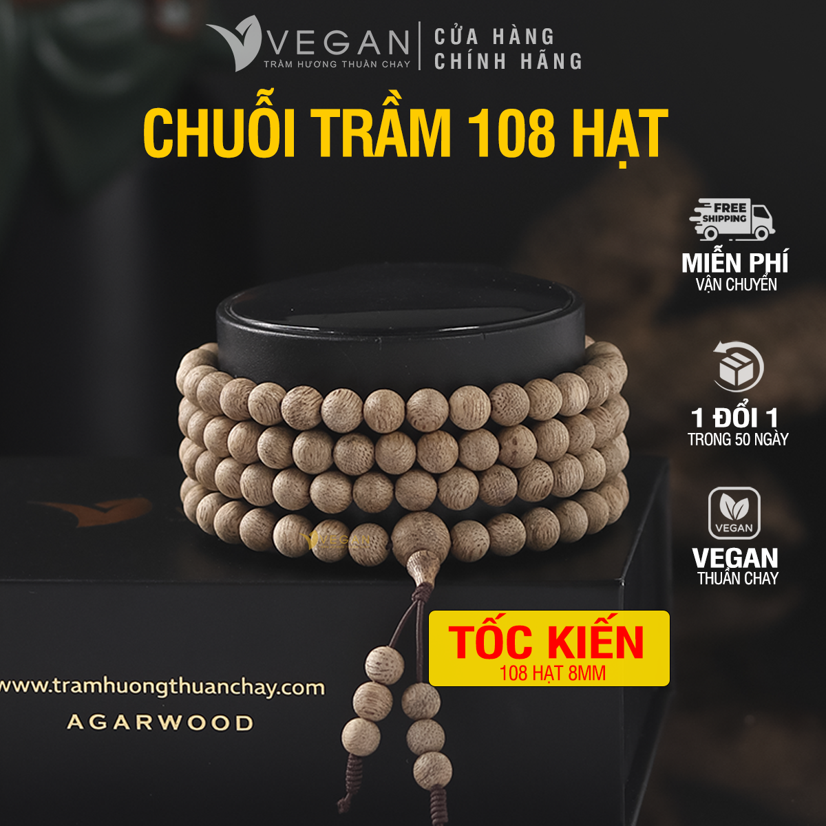 Vòng tay Trầm Hương Thuần Chay chuỗi tràng tốc kiến cao cấp 8mm 108 hạt