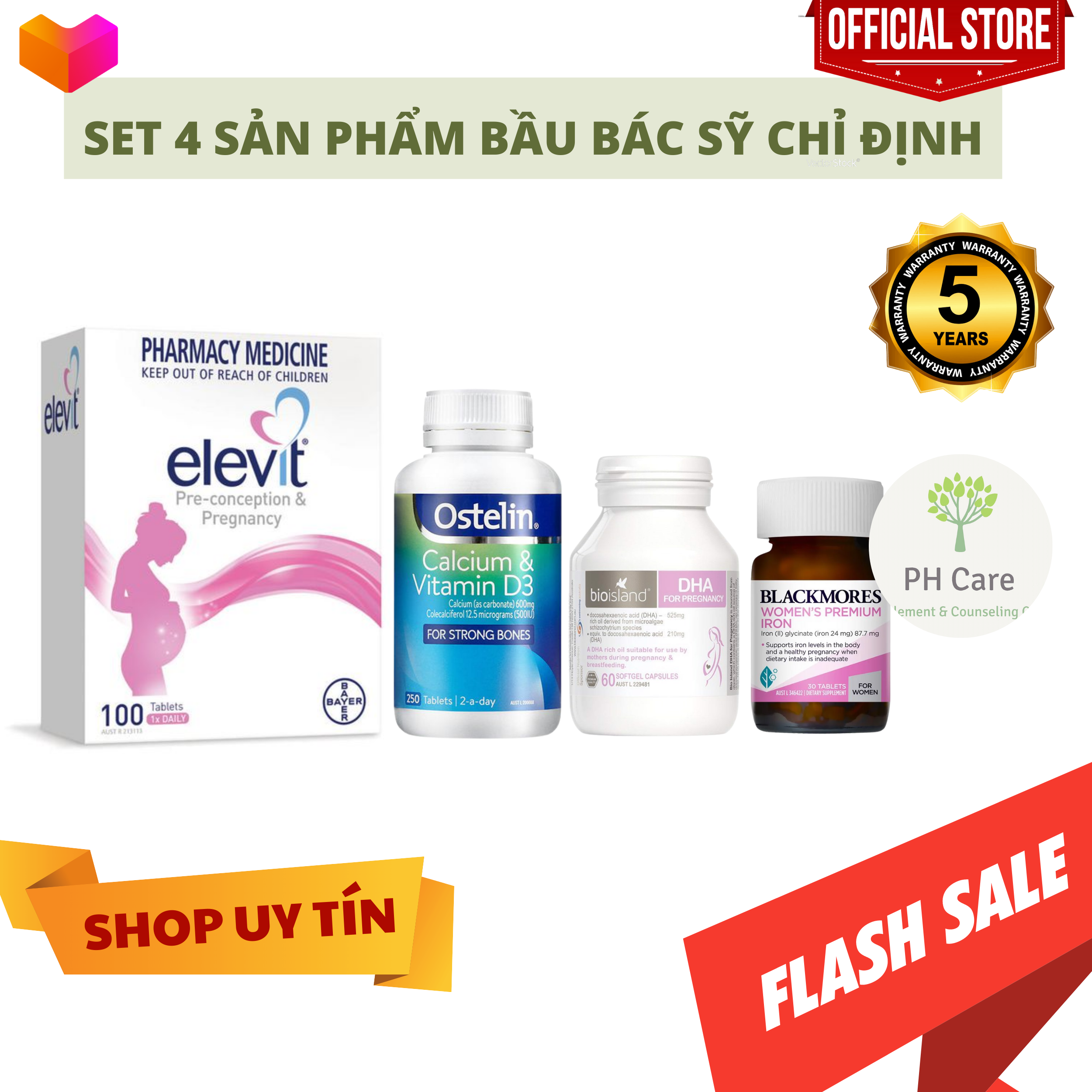 Combo thai kì 4 sản phẩm bà bầu của úc: elevit, canxi, dha và sắt