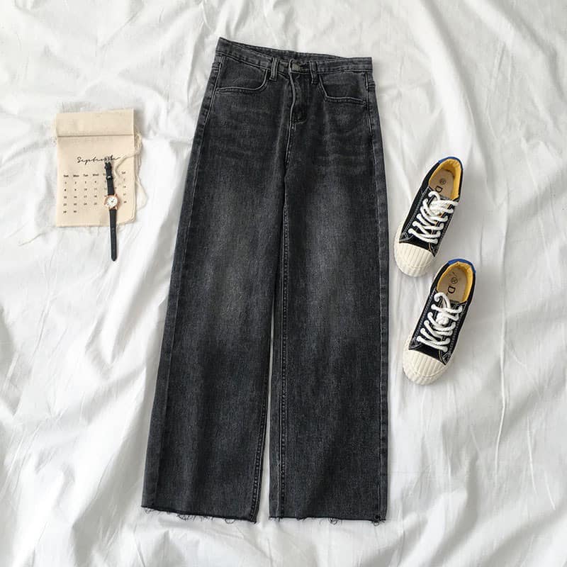 ( ẢNH THẬT ) QUẦN BAGGY JEAN, BÒ ỐNG RỘNG TRƠN MÀU ĐEN KHÓI CẠP CAO THỜI TRANG HÀN QUỐC, AMELIA