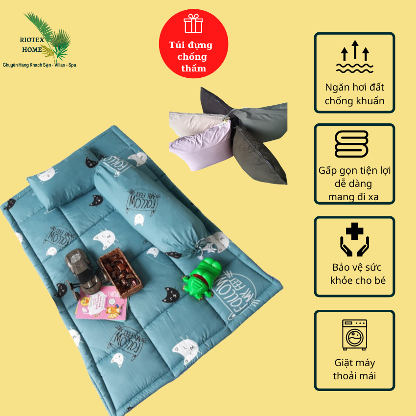 Nệm Em Bé Cotton - Bộ Gối Nệm RIOTEX 4 Món Gồm NỆM - RUỘT, VỎ GỐI NẰM - MỀN - TÚI ĐỰNG Kích Thước 80x120m Cho Bé Đi Nhà Trẻ Gấp Gọn Ngăn Hơi Đất, Chống Khuẩn, Bảo Vệ Sức Khỏe